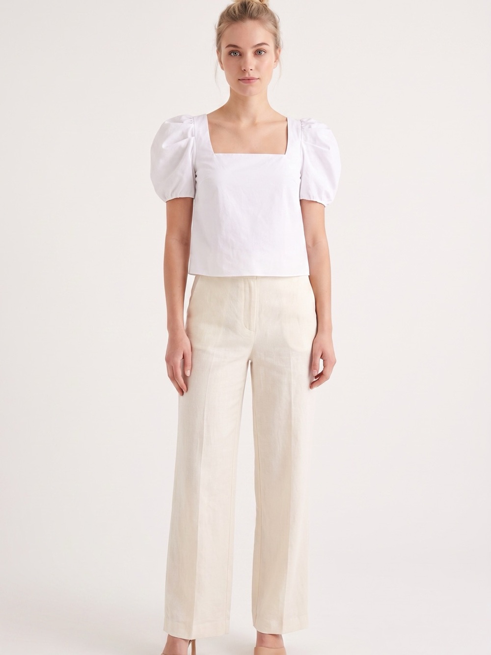 Alice + Olivia White Square-Neck Puff Sleeve Blouse